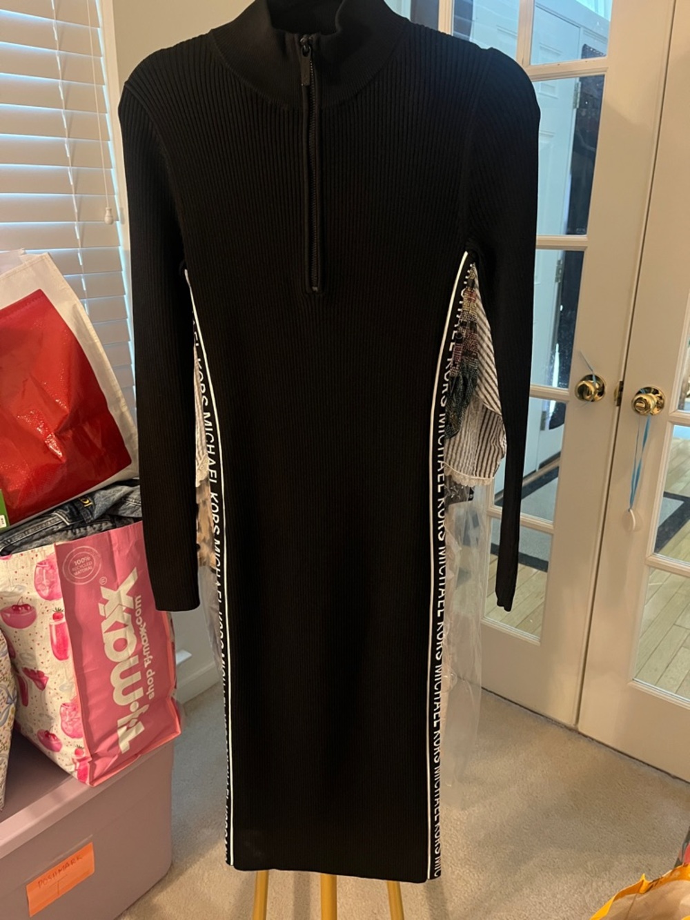 Michael Kors Black Ribbed Zip-Front Long Sleeve Midi Dress with Logo Tape
